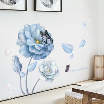 126*86 cm Grande Flor Azul Adesivos de Parede para sala de estar, Quarto, Sofá-Fundo de Borboleta de Vinil autocolantes de Parede Eco-friendly Mural
