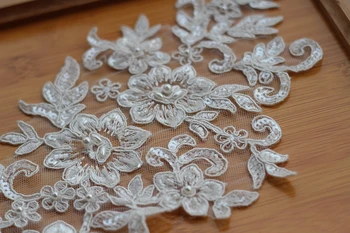 Marfim Alençon Renda Applique Frisado de Lantejoulas Patch Para fontes do Casamento Cabelo Nupcial da Flor Capacete de 2 peças