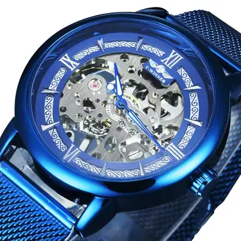VENCEDOR Oficial do Relógio Mecânico dos Homens de Azul de Prata Pulseira de Malha Super Fina Caso Esqueleto de melhor Marca de Luxo Clássico de Negócios Elegante