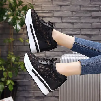 SLYXSH Vendas Quentes do Verão de 2019 Novo Laço Respirável Tênis Mulheres Sapatos Confortável e Casual Mulher Plataforma Sapatos de Cunha