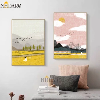 Cenário colorido Menina Imprimir o Cartaz Giclee cor-de-Rosa Amarelo Paisagem Tela de Pintura de Parede Imagens de Arte de Decoração para Sala de estar