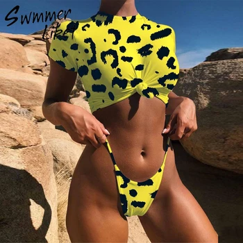 Nó crop top de biquíni 2020 Leopard swimwear das mulheres banhistas Amarelo push-up maiô feminino T-shirt de biquíni fio dental sexy maiô