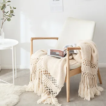 Nordic Sofá Jogar Cobertor Para Camas de Mão-de malha, Malha de Lã, um Cobertor de Lazer Mantas de Malha Robusta Cobertor Adereços Foto de Borla