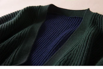 Mulheres Solto Verde De Lã E Mohair Vintage Suéter De Outono Inverno De Manga Longa, Decote Em V Duplo Bolsos Do Casaco Oversize