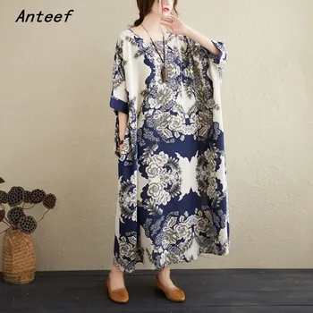 Roupa de cama em algodão tamanho grande plus size vintage floral para mulheres casuais solta longo vestido de verão roupas elegantes senhoras vestidos 2021