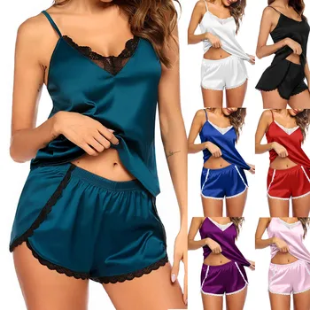 Mulheres Sexy Cetim Vintage Funda Nachtkleding Lingerie Kant V-hals Hemdje Nachtkleding Pijamas Femmes Ondergoed Nachtkleding