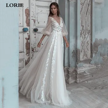 LORIE, a Princesa Vestidos de Noiva Puff Luva 3D Laço de Flores de Praia Vestidos de Noiva Tule Macio V de Volta Boho Festa de Casamento Vestidos de
