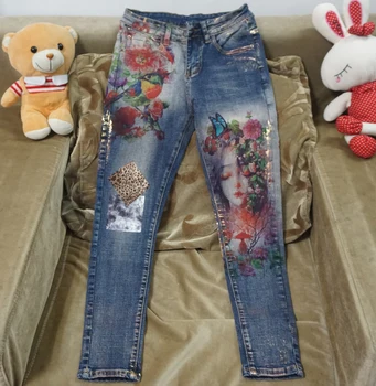 3D Elástico Jeans Com Flores em 3D Padrão Pintado a Lápis de Calças de Mulher Elegante Estilo de Jeans, Calças Calças Jeans Para Mulheres