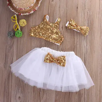 Bebê Recém-nascido Meninas de Verão de Dança Bonito Príncipes de Ouro Bowknot Tops de Paetês+Branco Saia Tutu Cabeça 3pcs Roupa Conjunto de Vestido