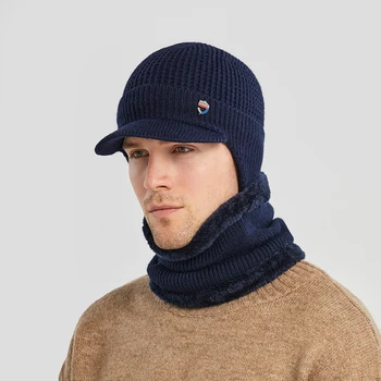 Homens de proteção auricular abafador de chapéu conjunto de cachecol de inverno, aquecedor de pescoço de malha de lã boné de Beisebol de moda de pelúcia engrossar gorro de Lã skullies