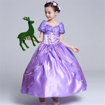 Rapunzel Vestido para as Meninas da Festa de Aniversário Emaranhado de Natal, Carnaval Fantasia Floral Meninas Roxo Vestidos de Princesa Infantil Peruca