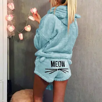 Mulheres Meninas Plus Size Inverno Engrossar Pijama Conjunto Bonito Gato Meow Bordado Calça Curta, Manga Longa Com Capuz Ouvidos Camisola Quente
