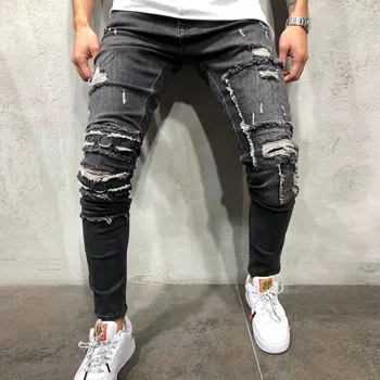 Novo Slim Fit Apertadas Buraco Jeans Homens Hombre Jeans Skinny Buttom Lápis Calças Jeans Plus Size Outono Calças Masculinas