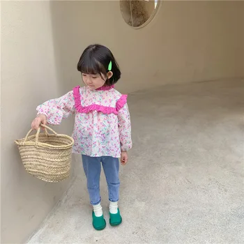Roupas para crianças 2021 Garota Primavera coreano Floral Boneca Camisa Feminina Tesouro coreano Stand-Up Gola de Camisa Bebê Superior Roupas