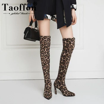 Taoffen Mulheres Com Mais De Joelho Moda Botas De Salto Alto Sapatos De Inverno Mulheres Sexy Leopard Tempo De Inicialização Senhora Da Rua De Tamanho De Calçado De 34-43