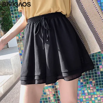 BIVIGAOS 2019 Verão de Novo Chiffon Shorts coreano Senhoras Dupla Camada de Cintura Alta Largura de Perna Shorts Ocasionais Saia Solta Curto Para Mulheres