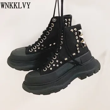 Plataforma de papai sapatos femininos plataforma preto redondo toe rendas até rebites de metal de alta topo punk sapatos outono cusual sapatos de lona de mulheres