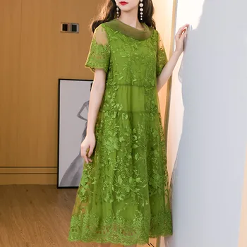 2020 a coleção Primavera / Verão das Mulheres do Arco Embriodery Vinho Verde Vermelho Vestido de festa Longo , Estilo coreano Mulher Uma Linha 4xl Vestidos para Mulheres