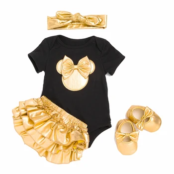 O bebê Meninas Conjuntos de Vestuário de Algodão Macacão de Ouro mouse Plissado Bloomers Shorts Cabeça Sapatos 4pcs Ternos Recém-nascidos Roupas de Crianças