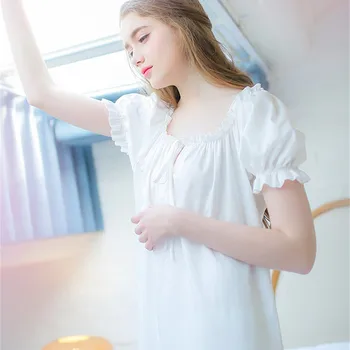2021 Mulheres De Moda De Pijamas Lanterna Manga Arco Sólido Branco De Algodão Breve Estilo Vintage Vestido De Noite Longa Camisola Lingerie T96