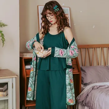 Pijama de mulheres de três peças de primavera e outono, verão sexy suspender mais de gordura solta de algodão puro oversize 100kg casa roupas