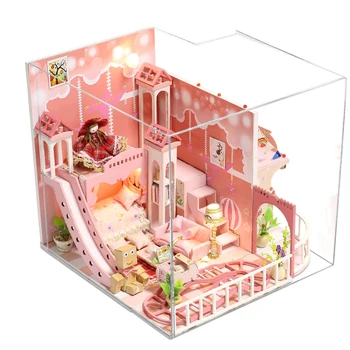 Sonho de Infância de cor-de-Rosa Casa de bonecas 3D em Miniatura Casa de bonecas Brinquedos de Crianças DIY Mini Princesa Casa de Madeira, Móveis de Kit Para Meninas