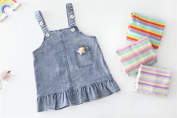 HYLKIDHUOSE Bebê Meninas Conjuntos de Vestuário 2020 Verão, Roupas Infantis de Manga Curta Camiseta Listra Vestido Jeans Crianças Roupas de Crianças