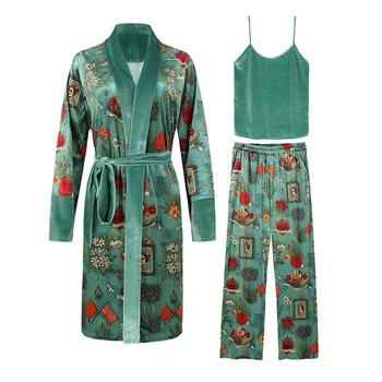 3PCS Moda Outono Nova Pintura a Óleo Impressão de Veludo Mulheres Pijama Conjuntos de Inverno de Moda Vintage Manto Define Elegante Feminino roupas de Dormir