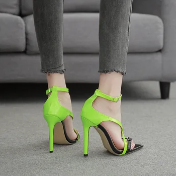Verão Sexy Mulheres Neon Verde Sandálias de Salto Alto 11,5 cm Cruz Alça de Stripper Feminina Fetiche Sapatos de Senhora Plataforma Vestido Bombas