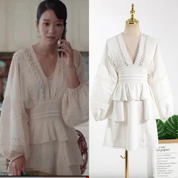 2020 Seo Sim Ji Coreia do Drama Star Branco Vestidos de Renda para Mulheres Sexy decote em V Vestido de Mulher Lanterna Manga Primavera, Outono Vestido Feminino