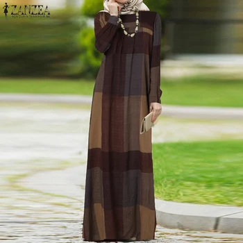 Mulheres Dubai Muçulmanos Islâmicos Kaftan Longo Vestido ZANZEA Outono Vinatge Xadrez Verificado Pirnted Puff Manga Abaya Kaftan Maxi Dress