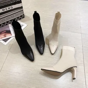 2020 Nova Moda Sexy apontou alta de alta elasticidade das mulheres botas de espessura, com costura fina e meias botas de selvagem finas botas de salto alto