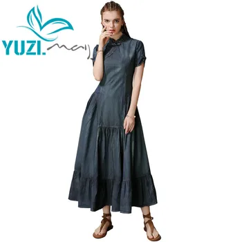Vestido De Verão De 2019 Yuzi.pode Boho Novo Denim das Mulheres Vestidos de Colarinho de Mandarim Manga Curta Vintage Plissado Bainha Vestido Cheongsam A82161