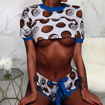 Mulheres Pijamas Bonitos De Coco Impressão Fatos CropTop+Mini Shorts De Cintura Elástica Mulheres De Duas Peças De Roupas De Verão Para Casa Dormir Conjuntos