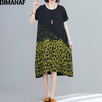DIMANAF Mulheres Plus Size Vestido de Verão Sundress Vintage Feminino Senhora Vestidos Soltos Casual Emendados estampa de Leopardo Vestidos de Roupas