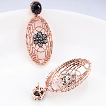 Mulher moderna Conjuntos de Jóias de Pedras negras de Ouro/Cor Rosa Oval Brincos/Anéis para o sexo Feminino as Meninas da Moda Brincos Caixa de Jóias