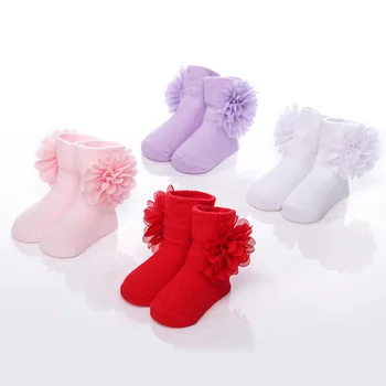Moda baby flores meias de algodão chiffon flor meninas meias