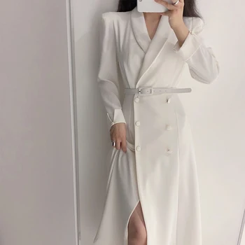 Outono Mulher Elegante Blazer Vestidos Femininos Dividir Sólido Double Breasted Vestido Longo 2020 Moda Preto Branco Office Lady Vestidos