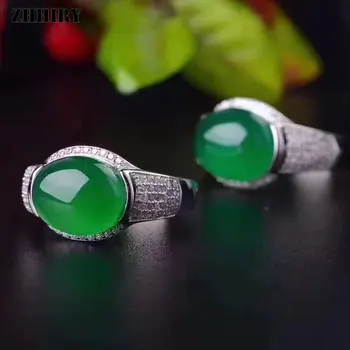 ZHHIRY Real, Verde Natural, de Calcedônia Anel Genuíno Sólida Prata 925 Esterlina De Mulher Grande Jade, pedra preciosa de Finas Jóias Anéis