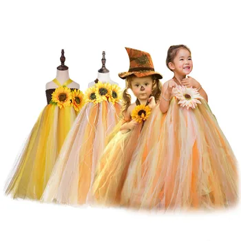 Halloween Traje de Espantalho para as Meninas de Girassol Vestido de Tornozelo Comprimento de Abóbora de ação de Graças Carnaval Tutu Vestido de Vestidos de baile Crianças