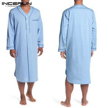 Os homens o Sono Vestes de Manga Longa, Decote em V Botão de Homewear Lazer Aconchegante, Roupão de banho de Alta Qualidade Mens Pijama 2021 Camisola Vestido INCERUN