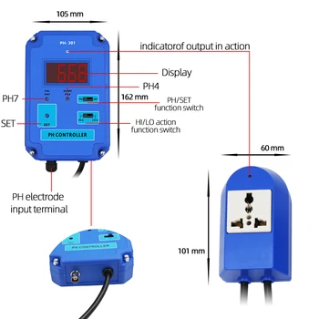 PH-301 de pH Digital Controlador de Testador de Medidor com Opcional HI/LO Ação 0.00~14.00 Faixa de pH Substituível BNC Eletrodo de CO2 Solução
