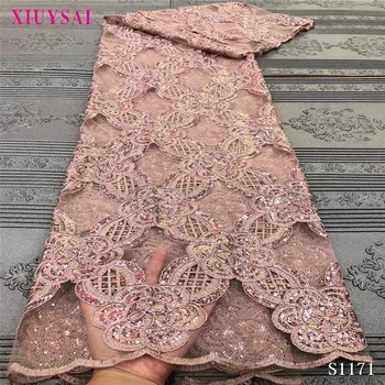 Cor-de-rosa Africana Lantejoulas Tecido do Laço 2020 Alta Qualidade Material do Laço Nigeriano de Tule de Renda Tecidos Para o Vestido de Casamento SL1171