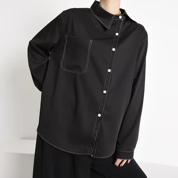 [EAM] Mulheres Botão Preto Irregulares em Tamanho Grande Blusa Nova Lapela de Manga Longa de Ajuste Solto Camisa de Moda Primavera Outono 2021 1Y99001