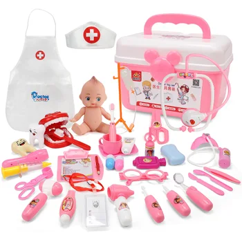 21-39PCS Crianças que façam de conta Jogar Médico Enfermeiro Brinquedo Definido Portátil Mala de Simulação Médica Kit Kids Papel Educativo Jogar Brinquedos