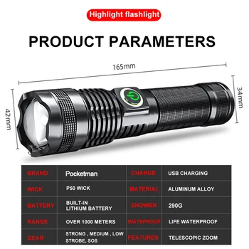 Alta Potência XHP50 Lanterna LED Tático USB Lanterna Recarregável 5 Modos Lanterna Impermeável Built-in Bateria de Mão de Luz