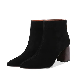 ISNOM Outono de Salto Alto, Botas de Mulheres Apontou Toe Ankle Boots de Moda Office Camurça de Vaca Sapatos Femininos Curtos de Pelúcia Calçados de Inverno