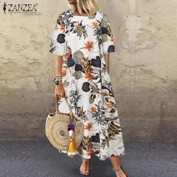 2021 ZANZEA Mulheres de Verão Sundress Kaftan O Pescoço Robe Vestido Casual Floral Túnica Vestidos Femininos Impresso Maxi Plus Size 5XL