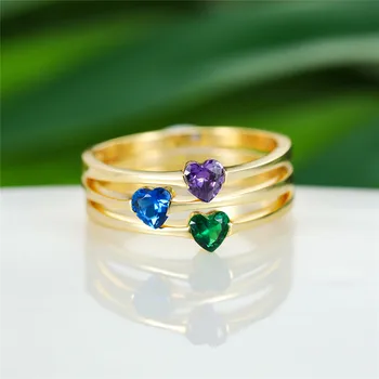 Simples Feminino Azul/Roxo/Verde Zirconia Anel De Moda De Casamento, Anéis De Noivado Para Mulheres Elegantes Prata 925 Ouro Rosa Anel Coração