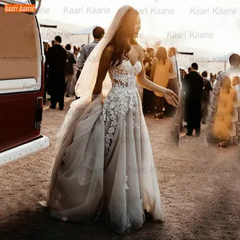 BOHO Vestido de Casamento do Laço Querida Vestido De Noiva 2021 Appliqus Fenda Lateral de Tule de Uma Linha de Vestido de Noiva Cinderela Abito Da Sposa